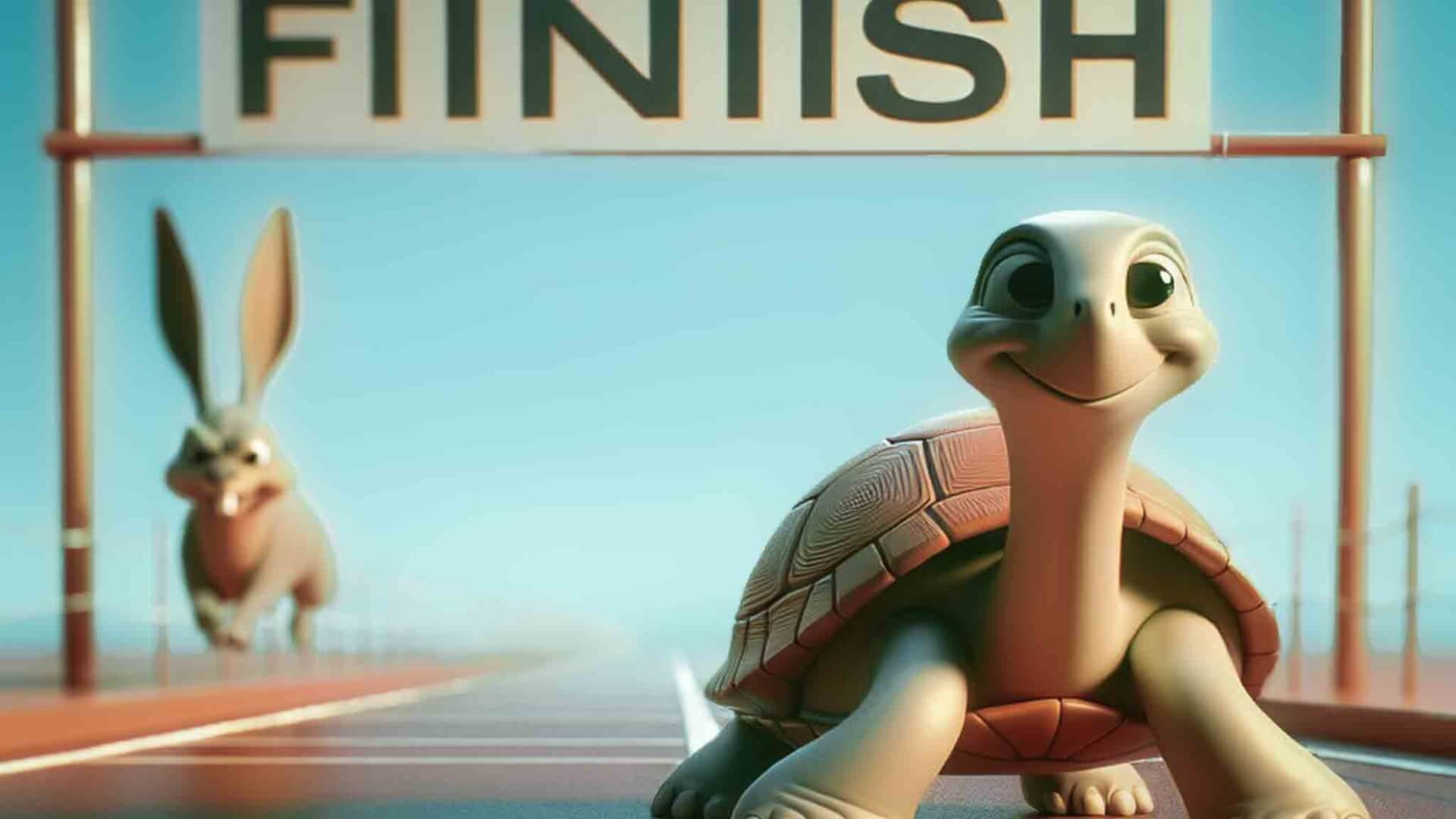 Langzaam is snel Turtle crosses finishline before hare